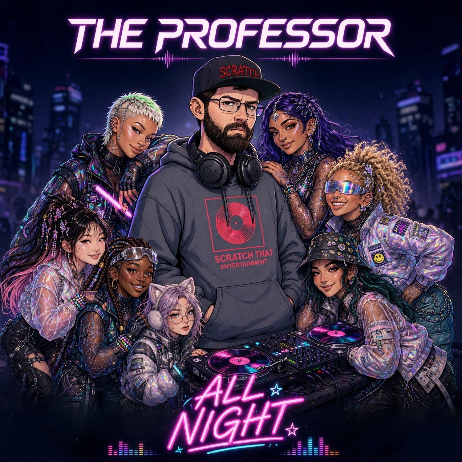 All Night by The Professor cover art — The Professor at the decks in a Scratch That Entertainment hoodie and SCRATCH cap, surrounded by a neon-lit crowd, with ALL NIGHT in pink neon lettering