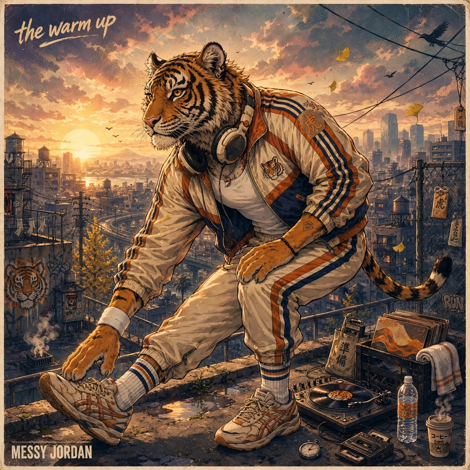 The Warm Up mix cover — a tiger in a tracksuit and headphones tying his sneaker on a rooftop at sunset, turntable and record crate beside him